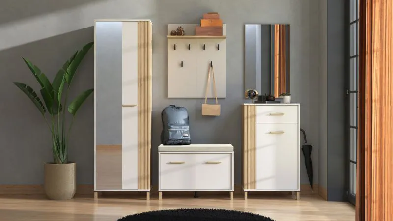 Garderobe Komplett - Set A Venac, 5-teilig, Farbe: Eiche Artisan / Kaschmir, ein Garderobenschrank, eine Kommode, ein Spiegel, ein Schuhschrank mit Sitzkissen und eine Garderobe mit sechs Haken