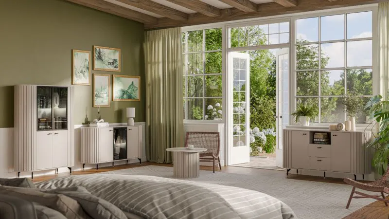 Modernes Schlafzimmer - Set B Annelin, 6-teilig, in Kaschmir, 1 Vitrine und 1 Kommode mit LED-Beleuchtung , 1 Kommode mit Schubladen, 1 Beistelltisch