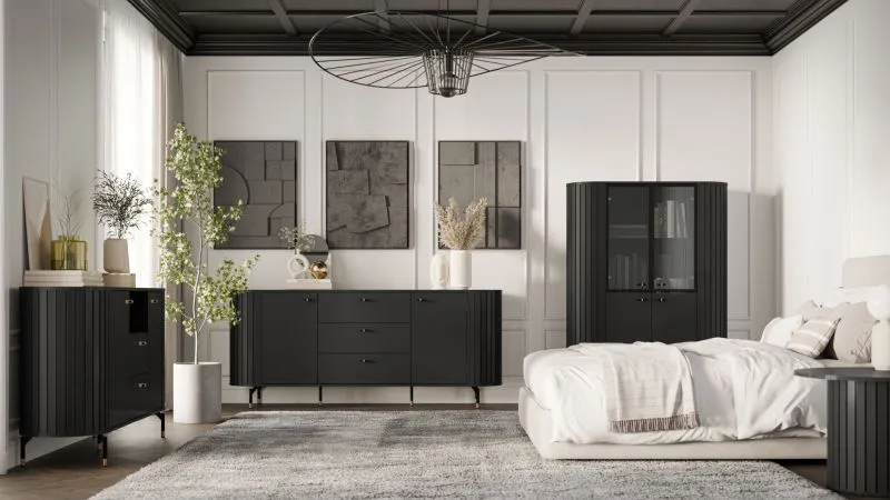Elegantes Schlafzimmer - Set H Annelin, 4-teilig, in Schwarz, bestehend aus 2 Kommoden mit Schubladen, 1 Vitrine, 1 Beistelltisch, Soft-Close