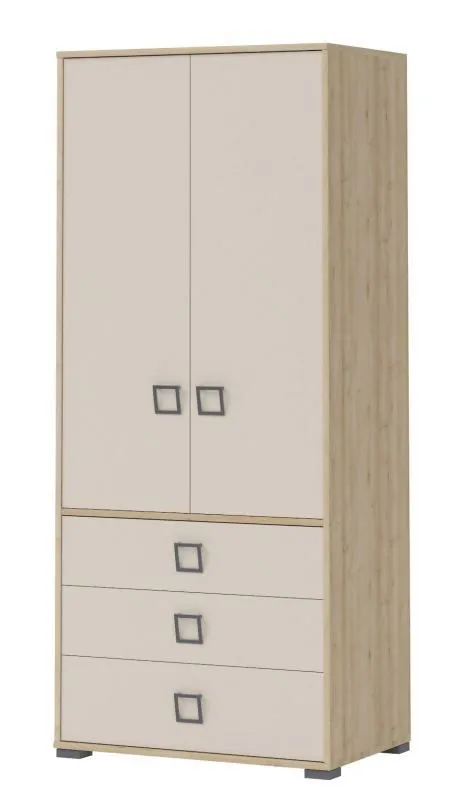 Kleiderschrank | 2 Drehtüren | 3 Schubladen | 1 Fach | mit Kleiderstange | 84 cm breit | Farbe: Buche Abbildung