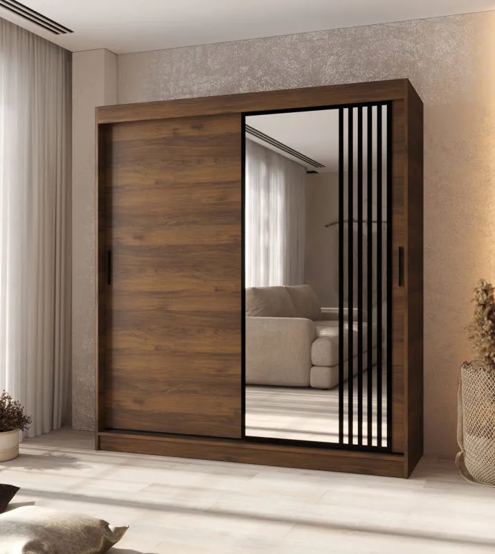 Kleiderschrank | 1 Spiegeltür | Farbe: Walnuss Warmia | hochwertig Verarbeitet | 180 x 62 x 200 cm | Schiebetürenschrank | 10 Fächer | 2 Kleiderstangen