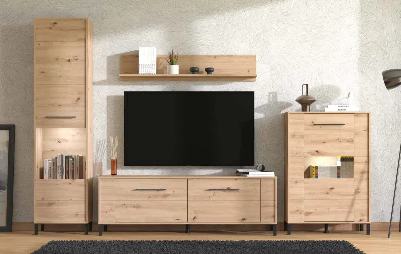 Wohnwand | getöntes Glas | Farbe: Eiche Artisan | 2 Vitrinen | 1 TV-Unterschrank | 1 Wandregal | Maße: 279 x 40 x 192,5 cm | Griffe & Beine: Metall