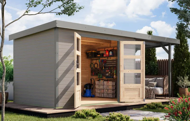 Holz Gartenhaus Anbaudach, wassergrau/graualuminium – wetterfestes Trapezblechdach, wetterfest, Doppelflügeltür mit Zylinderschloss,  2,98 × 2,13 m