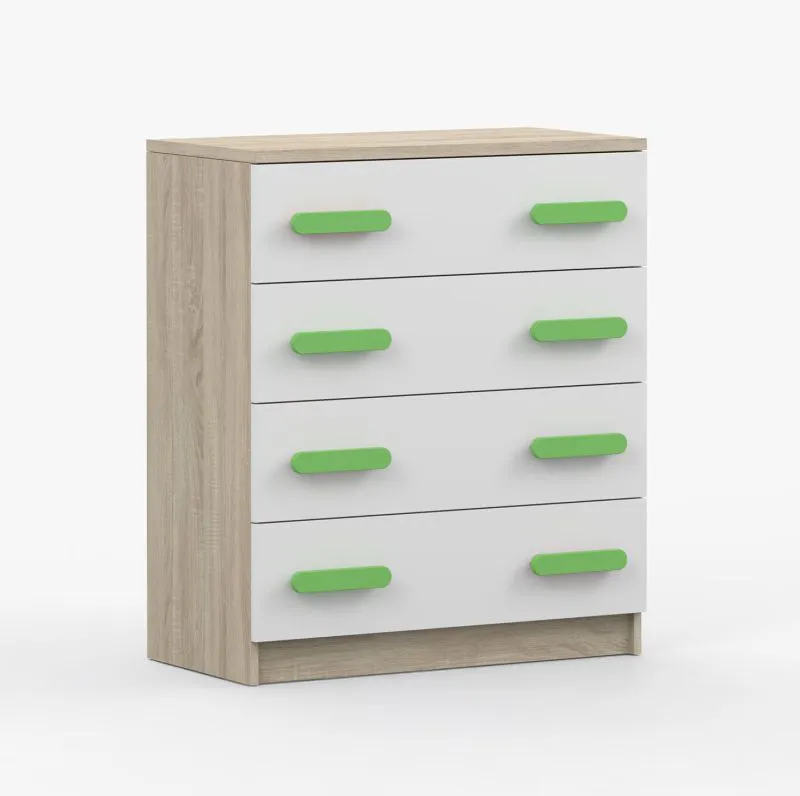 80 cm breite Kommode | 90 x 80 x 40 cm | grüne Holzgriffe | Weiß / Sonoma Eiche | Smolikas 04 | 4 Schubladen | Kinder | Jugend