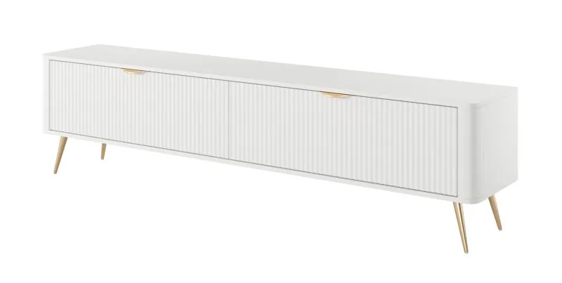 TV-Unterschrank | Weiß | TV-Board / TV-Möbel | 2 Fächer | 2 Kipptüren | Maße: 51 x 200 x 38 cm | moderne Lamellen Front | Griffe & Beine: Metall