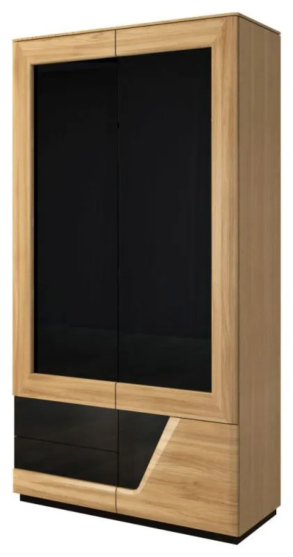Kleiderschrank | 3 Drehtüren | 3 Fächer | Glasfront| 102 cm breit | Eiche teilmassiv | Farbe: Eiche / Schwarz Abbildung