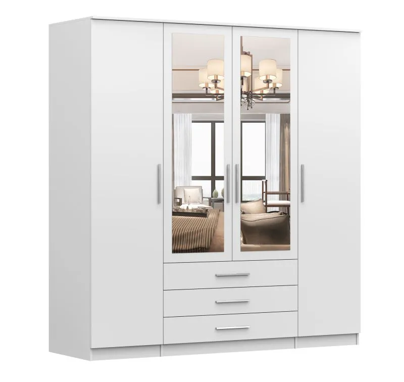 Drehtürenschrank / Kleiderschrank | Spiegel | Weiß | Kopaonik 05 | 59 x 200 x 207 cm | 4 Türen | 3 Schubladen | 6 Fächer | 207 x 200 x 59 cm | eckig
