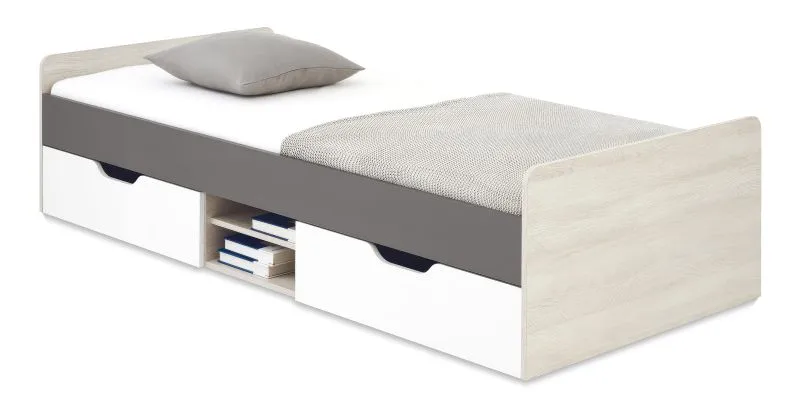 Einzelbett mit Stauraum Schilde 15, Farbe: Eiche Weiß / Weiß / Anthrazit - Liegefläche: 90 x 200 cm (B x L)