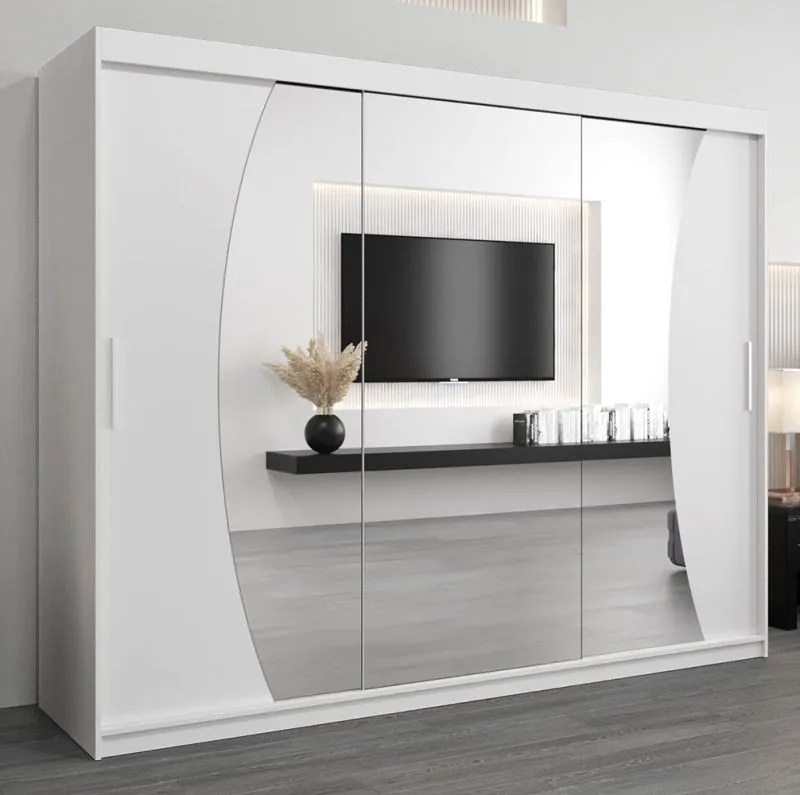 Großer 250 cm breiter Kleiderschrank mit 3 Türen | 10 Fächer | Farbe: Weiß Abbildung
