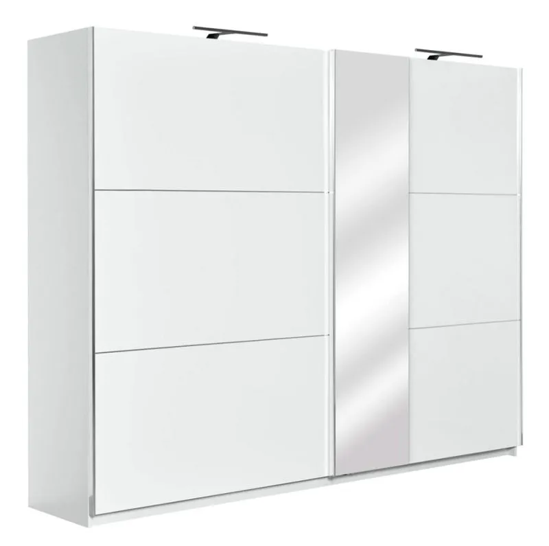 Kleiderschrank | 2 Schiebetüren | 3 Schubladen | 10 Fächer | mit 2 Kleiderstangen | 269 cm breit | Farbe: Weiß Abbildung