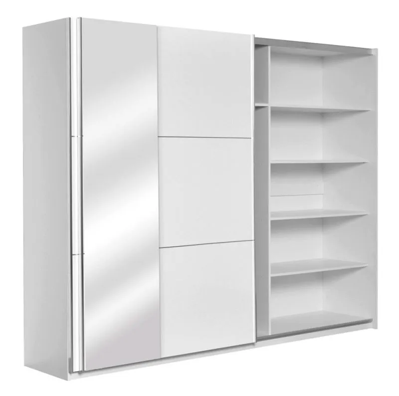 Großer Kleiderschrank | 2 Schiebetüren | 3 Schubladen | 10 Fächer | mit 2 Kleiderstangen | 269 cm breit | Farbe: Weiß Abbildung