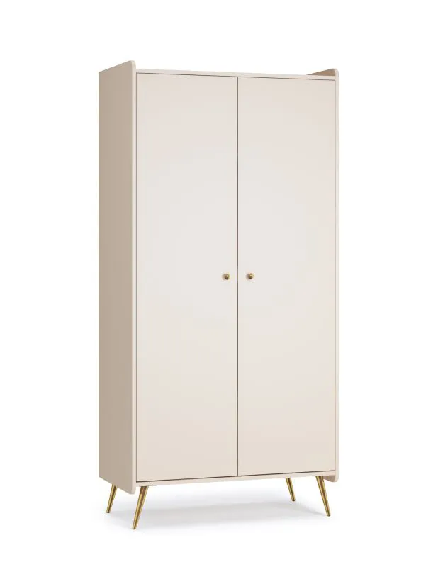 Babyzimmer Kleiderschrank | Farbe: Beige | Griffe & Beine: Gold | 3 Fächer | Kinderzimmer | eine Kleiderstange | Maße: 90 x 50 x 188 cm | Soft-Close-Funktion