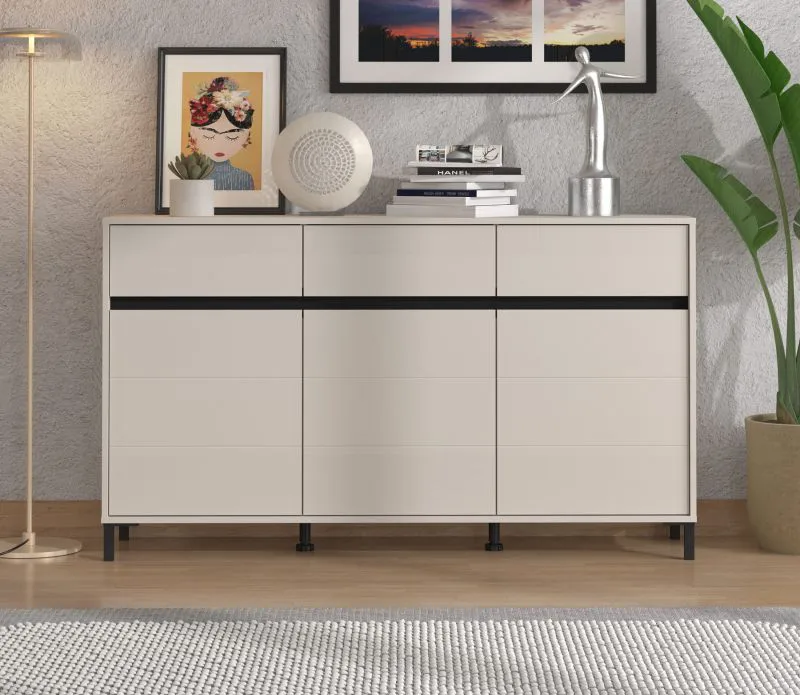 Kommode | 3 Drehtüren | 1,5 m breit | Farbe: Kaschmir | 3 Schubladen | Maße: 157 x 40 x 90 cm | Sideboard | ABS-Kanten | 6 Fächer | Beine: Schwarz