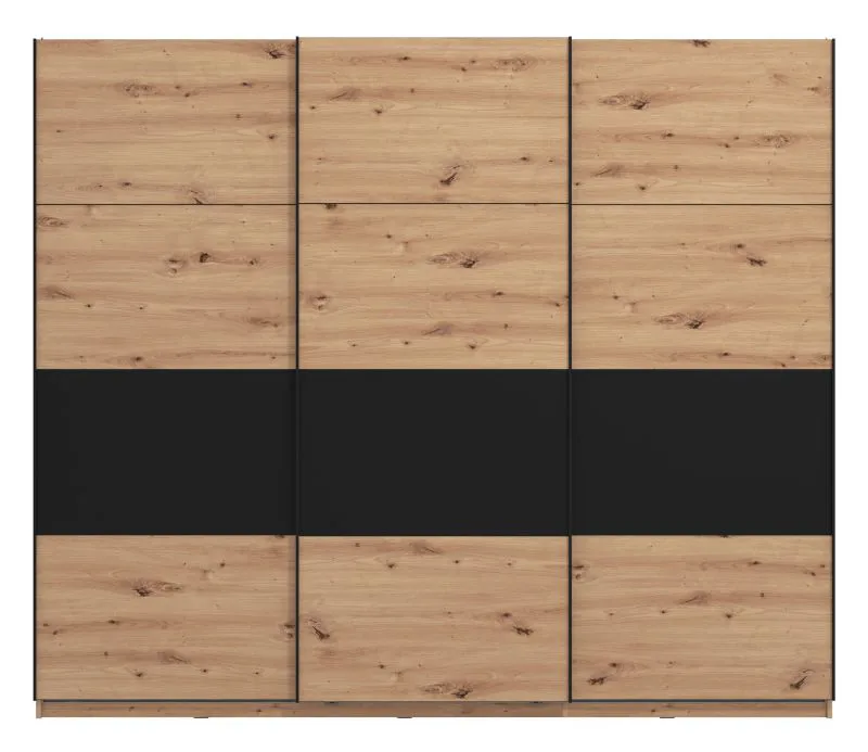 Schwebetürenschrank / Kleiderschrank Crina 11, Farbe: Eiche Artisan / Schwarz, zwei Kleiderstangen, ABS-Kanten, Maße: 224 x 262,5 x 65,5 cm