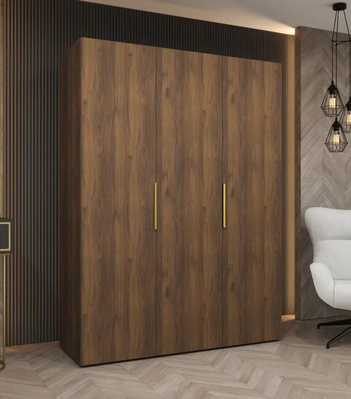 Kleiderschrank / Drehtürenschrank | Farbe: Walnuss | Griffe: Gold | zwei Fächer | 1,5 Meter breit | zwei Kleiderstangen | Soft-Close-Funktion | drei Türen