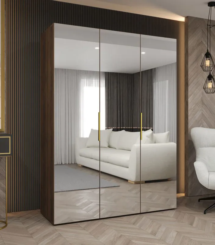 Kleiderschrank mit drei Spiegeltüren | Farbe: Walnuss | 1,5 Meter breit | Griffe: Gold | zwei Kleiderstangen | zwei Fächer | Soft-Close-Funktion