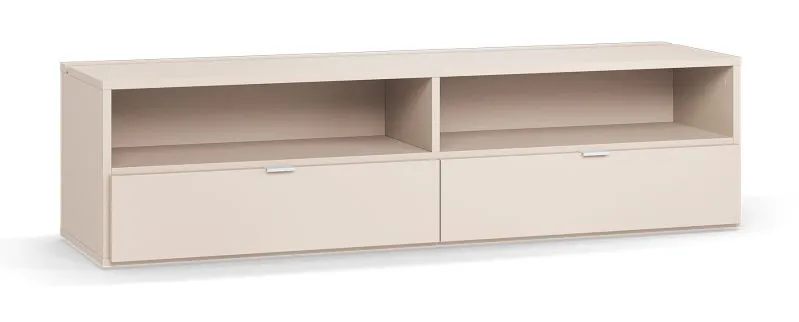 TV-Schrank / TV-Möbel | zwei Schubladen | Farbe: Beige | zwei Fächer | Soft-Close Funktion | Maße: 180 x 47 x 46,5 cm | Griffe: Weiß | für Wohnzimmer