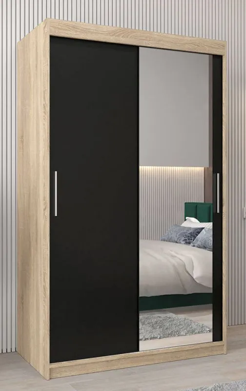 120 cm breiter Schiebetürenschrank mit 2 Türen | 5 Fächer | 2 Kleiderstangen | Farbe: Sonoma Eiche Abbildung