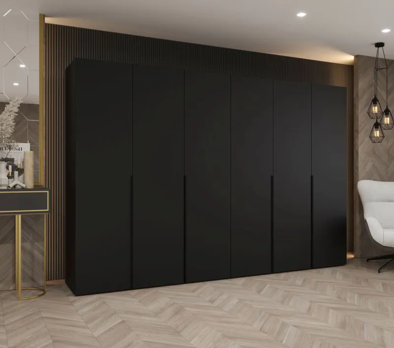Kleiderschrank / Drehtürenschrank mit sechs Türen Eiger 50, Farbe: Schwarz, 3 Meter breit, vier Kleiderstangen, Griffe: Schwarz, vier Fächer, Soft-Close-Funktion
