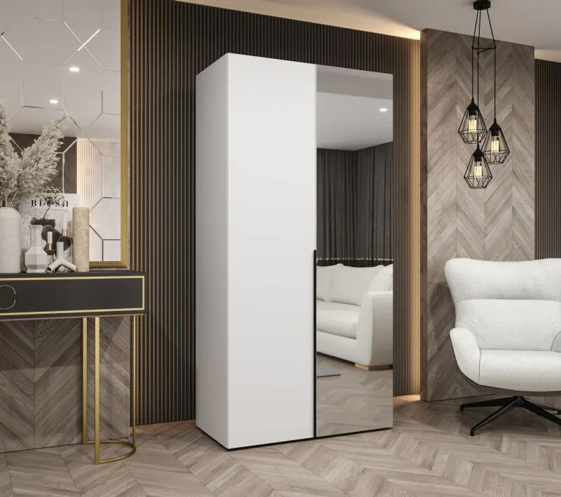 Kleiderschrank 1 Meter breit Eiger 58, Farbe: Weiß, eine Spiegeltür, eine Kleiderstange, Griffe: Schwarz, ein Fach, Soft-Close-Funktion, für Schlafzimmer