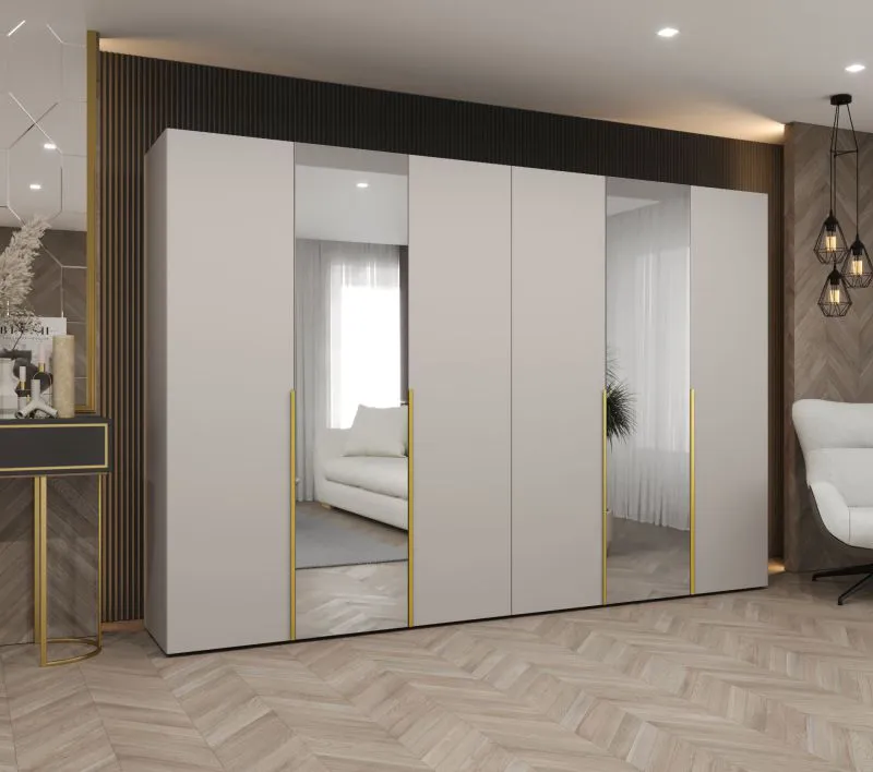 Drehtürenschrank mit zwei Spiegeltüren Eiger 110, Farbe: Kaschmir, 3 Meter breit, vier Kleiderstangen, Griffe: Gold, vier Fächer, Soft-Close-Funktion