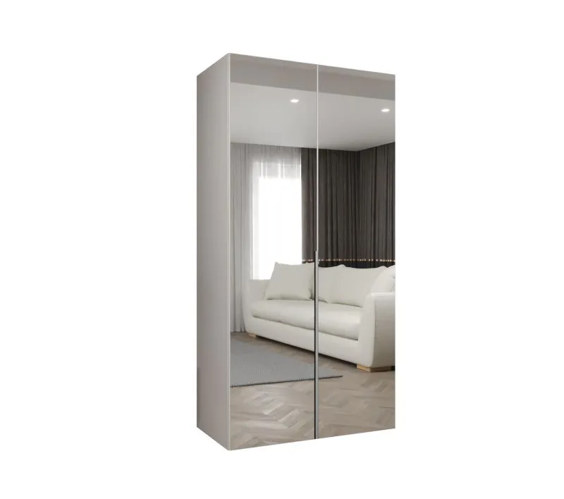 Drehtürenschrank / Kleiderschrank mit Soft-Close-Funktion Eiger 114, Farbe: Weiß, zwei Spiegeltüren, eine Kleiderstange, 1 Meter breit, Griffe: Kaschmir