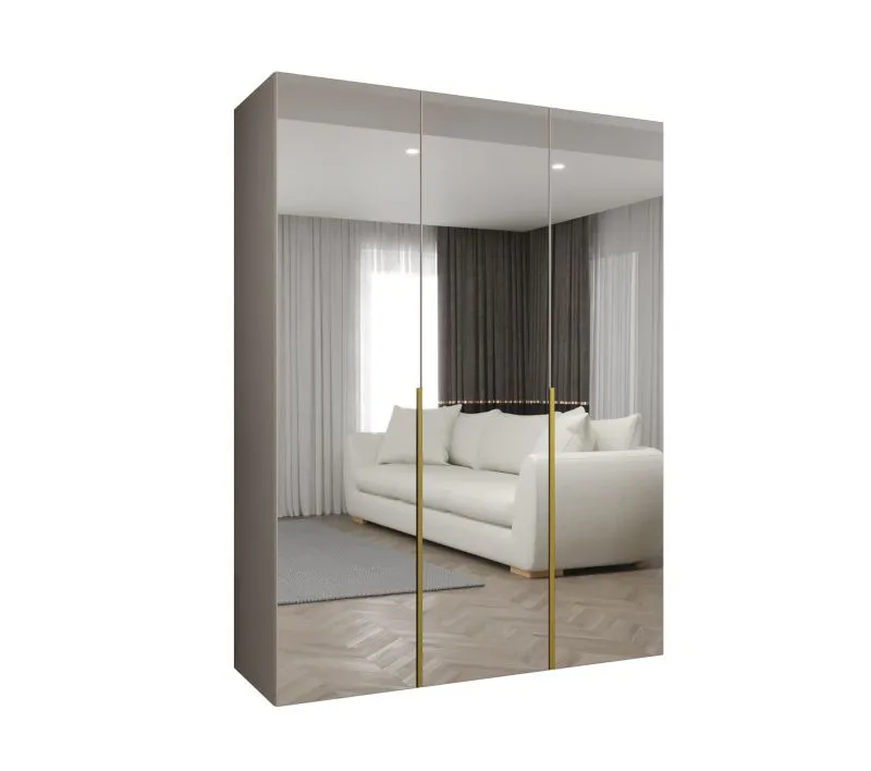 Kleiderschrank mit Soft-Close-Funktion Eiger 132, Farbe: Kaschmir, zwei Fächer, 1,5 Meter breit, zwei Kleiderstangen, Griffe: Gold, drei Spiegeltüren