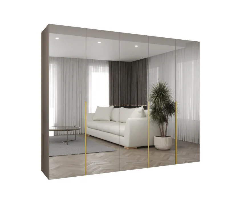 Kleiderschrank mit Soft-Close-Funktion Eiger 154, Farbe: Kaschmir, drei Fächer, 2,5 Meter breit, drei Kleiderstangen, Griffe: Gold, fünf Spiegeltüren