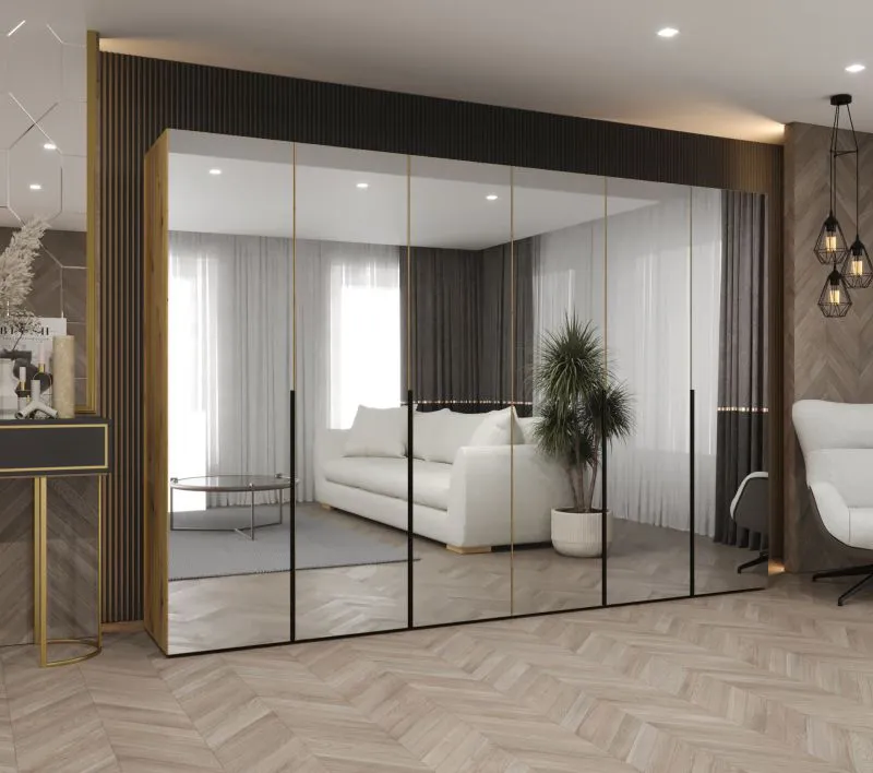 Kleiderschrank / Drehtürenschrank mit sechs Spiegeltüren Eiger 155, Farbe: Eiche Artisan, 3 Meter breit, vier Kleiderstangen, Griffe: Schwarz