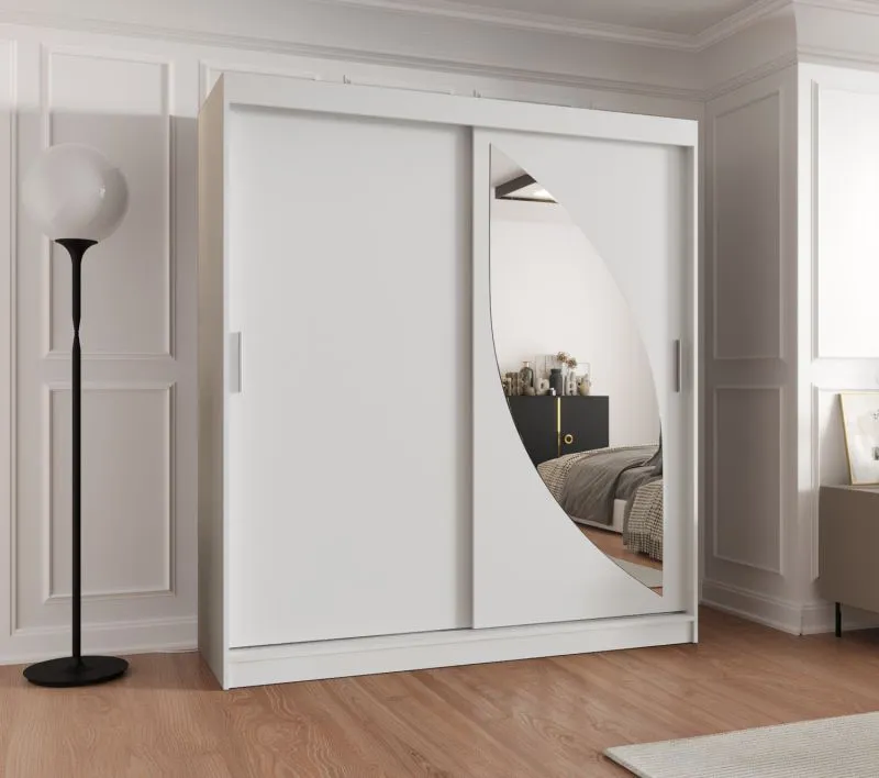 Kleiderschrank Jorasses 14, Farbe: Weiß, eine Spiegeltür, 1,8 Meter breit, Schiebetürenschrank, Aluminiumschienen, 10 Fächer, zwei Kleiderstangen