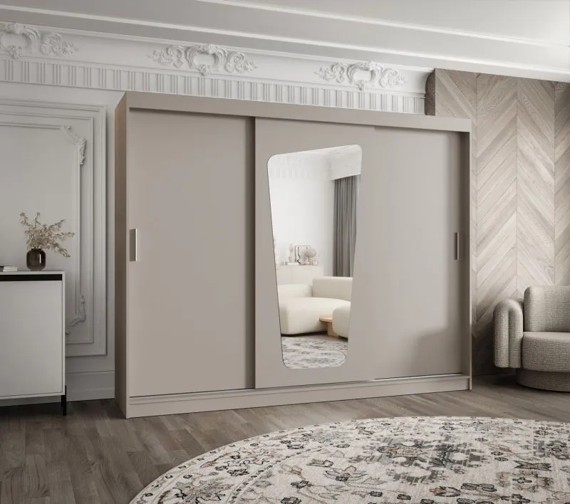 Kleiderschrank / Schiebetürenschrank Aletschhorn 24, Farbe: Kaschmir, 2,5 Meter breit, 10 Fächer, zwei Spiegeltüren, zwei Kleiderstangen, Aluminiumschienen