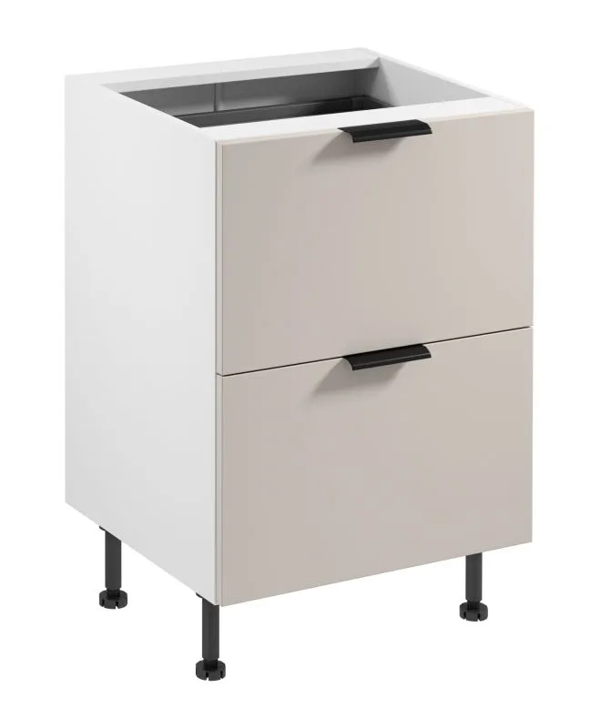 Küchenunterschrank | 2 Schubladen | Farbe: Weiß / Beige | Soft-Close Funktion | 60 x 52 x 87 cm | Metallgriffe | hochwertig Verarbeitet | verstellbare Beine