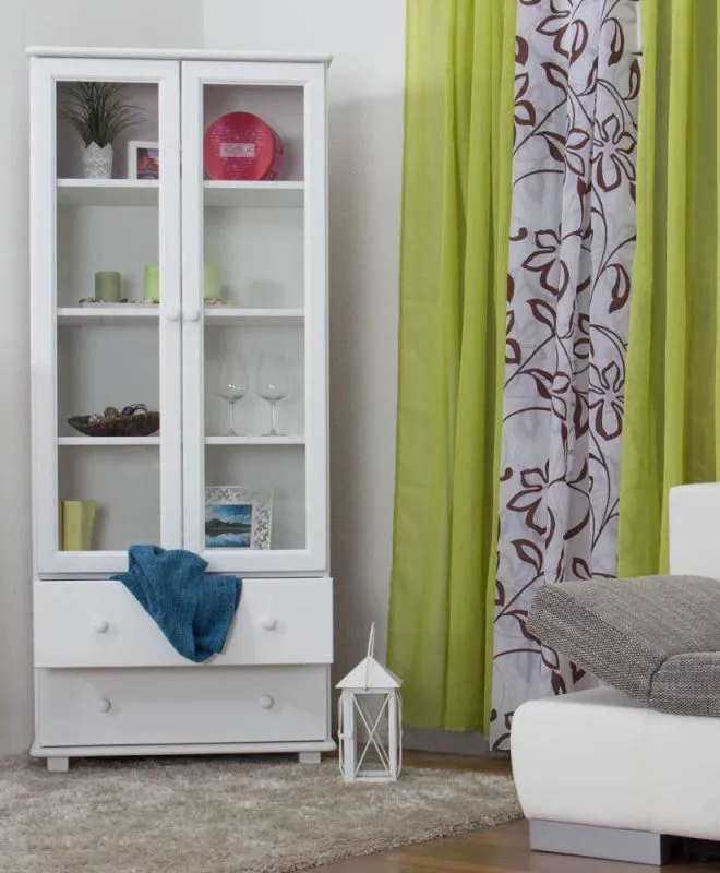 Vitrine für das Wohnzimmer, Kiefer Massivholz, Farbe: Weiß Abbildung