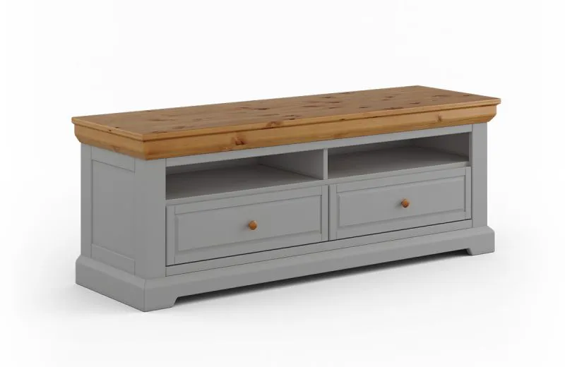 Schlichter TV-Unterschrank mit zwei Schubladen Gimone 07, in Grau, finnische Kiefer, zwei Fächer, Maße: 58 x 155 x 48 cm, Soft-Close-Funktion