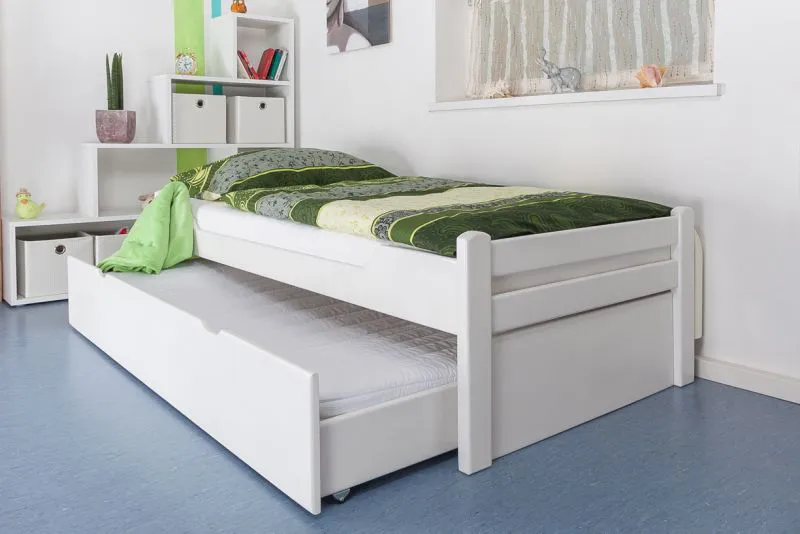 Einzelbett / Gästebett "Easy Premium Line" K1/1h inkl. 2. Liegeplatz und 2 Abdeckblenden, 90 x 200 cm Buche Vollholz massiv weiß lackiert