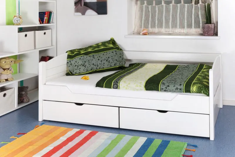 Bettrahmen für Kinder 90 x 200 cm | inkl. Stauraum / 2 Schubladen | Massivholz: Buche | Weiß Lackiert | inkl. Lattenrost Abbildung