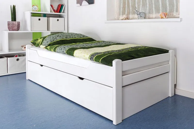 Bettrahmen für Kinder / Kinderbett 90 x 200 cm | Massivholz: Buche | Weiß Lackiert | inkl. 2. Liegeplatz 90 x 190 cm ausziehbar und 2 Rollrost | besonders hohe Qualität Abbildung