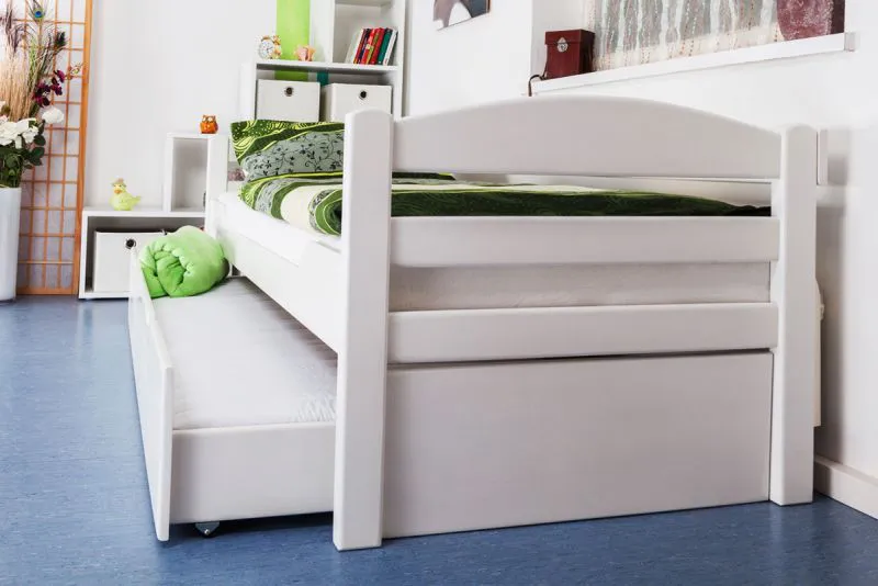 Bettrahmen für Kinder 90 x 200 cm mit Ausziehbett 90 x 190 cm | Massivholz: Buche | Weiß Lackiert | inkl. 2. Liegeplatz 90 x 190 cm ausziehbar und 2 Rollrost Abbildung