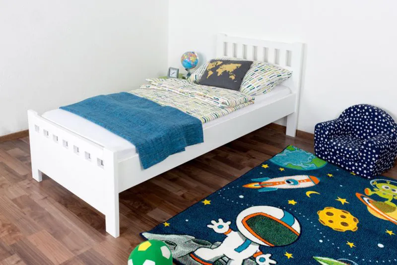 Kinderbett 90 x 200 cm | Massivholz: Kiefer | Weiß Lackiert Abbildung