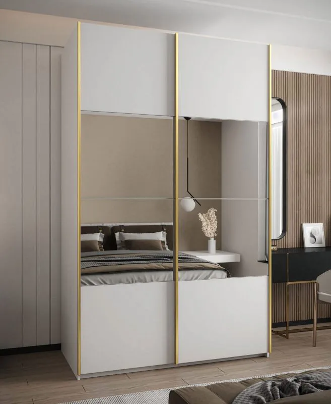 Kleiderschrank / Schiebetürenschrank | 245,5 x 160 x 64 cm | 11 Fächer | 2 Schiebetüren | Soft-Close | 2 Kleiderstangen | Spiegel | Farbe: Weiß
