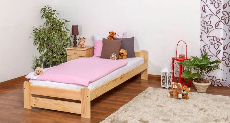 Bettrahmen für Kinder / Kinderbett 90 x 200 cm | Massivholz: Kiefer | Natur Lackiert | inkl. Rollrost Abbildung