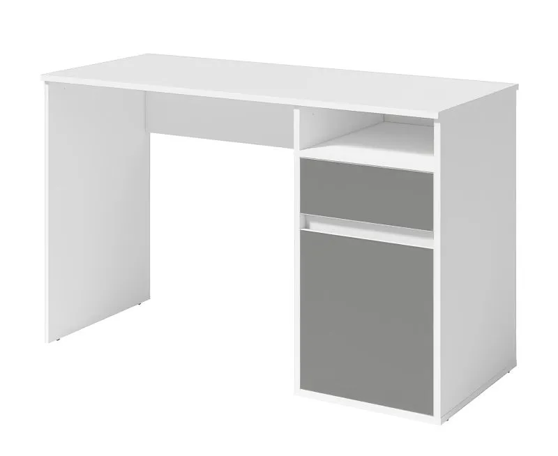 Schreibtisch mit einer Tür Agia 05, Farbe: Weiß / Grau, eine Schublade, ein offenes Fach, individuell kombinierbar, Maße: 74 x 120 x 50 cm