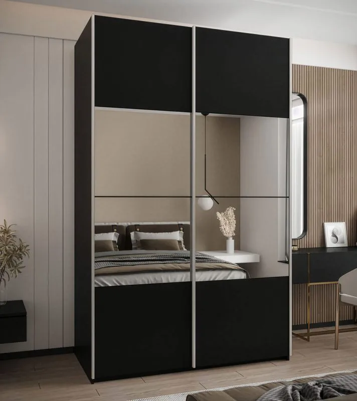 Kleiderschrank / Schiebetürenschrank | 245,5 x 160 x 64 cm | Soft-Close | 11 Fächer | 2 Kleiderstangen | Spiegel | 2 Schiebetüren | Farbe: Schwarz