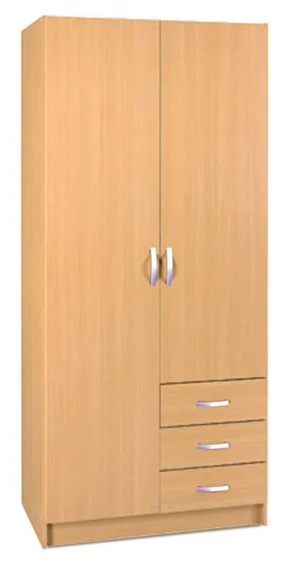 Kleiderschrank | 2 Drehtüren | 3 Schubladen | 4 Fächer | mit Kleiderstange | 100 cm breit | Farbe: Erle Abbildung