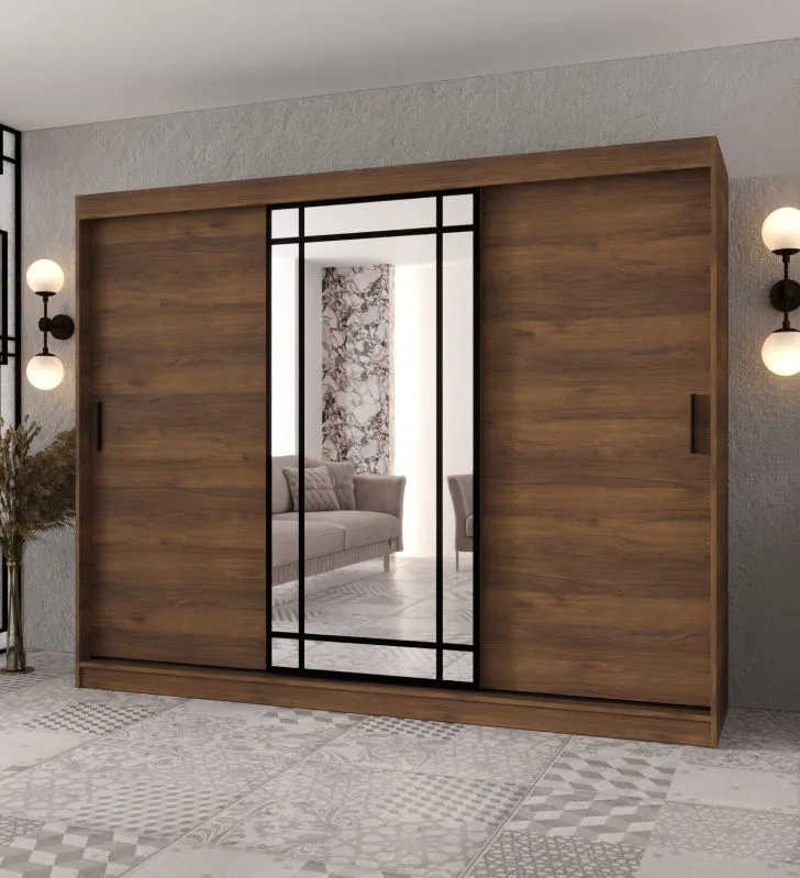 Schiebetürenschrank | dekorative Spiegeltür | Farbe: Walnuss Warmia | 2 Kleiderstangen | Kleiderschrank | 10 Fächer | 250 x 62 x 200 cm | Langlebig und Widerstandsfähig