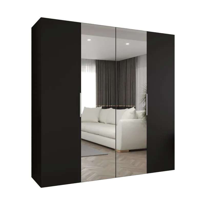 Kleiderschrank mit zwei Kleiderstangen Korab 84, Farbe: Schwarz, Soft-Close-Funktion, Griffe: Kaschmir, 2 Meter breit, zwei Fächer, Drehtürenschrank
