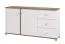 Sideboard / Kommode mit vier Fächer Kanjiza 06, Farbe: Eiche Flagstaff / Weiß / Weiß Hochglanz, drei Schubladen, zwei Türen, Maße: 85 x 162 x 40 cm