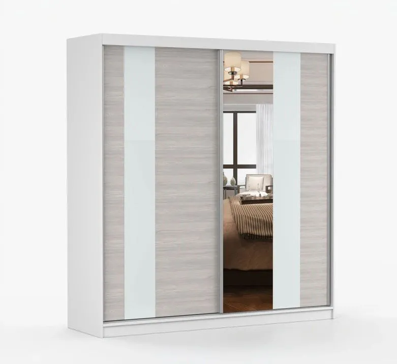 Schiebetürenschrank / Kleiderschrank mit Spiegel | 218 x 203 x 61 cm | Grau-Weiß / Weiß | Gorski 33 | 2 Türen | 6 Fächer | viel Stauraum | eckig