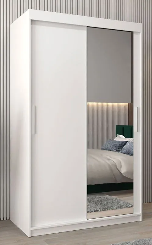 120 cm breiter Schiebetürenschrank mit 2 Türen | 5 Fächer | 2 Kleiderstangen | Farbe: Weiß Abbildung