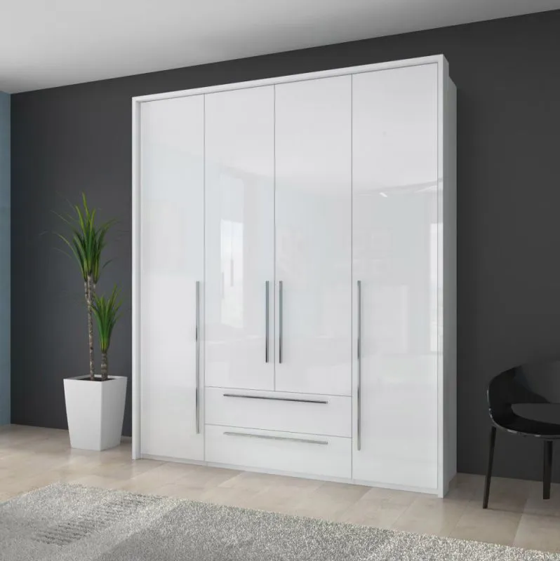 Kleiderschrank | 4 Drehtüren | 2 Schubladen | 7 Fächer | mit 3 Kleiderstangen | 187 cm breit | Farbe: Weiß Abbildung